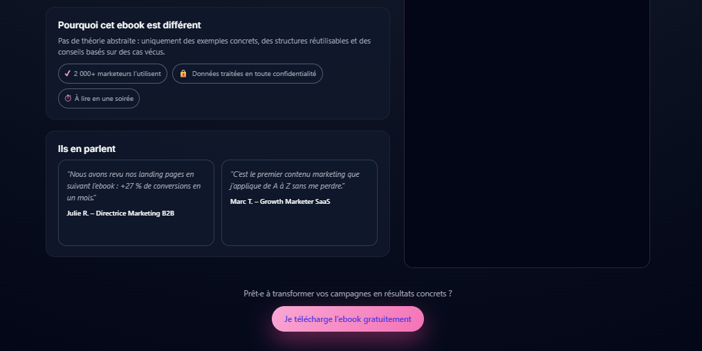 landing page for an ebook, image with options