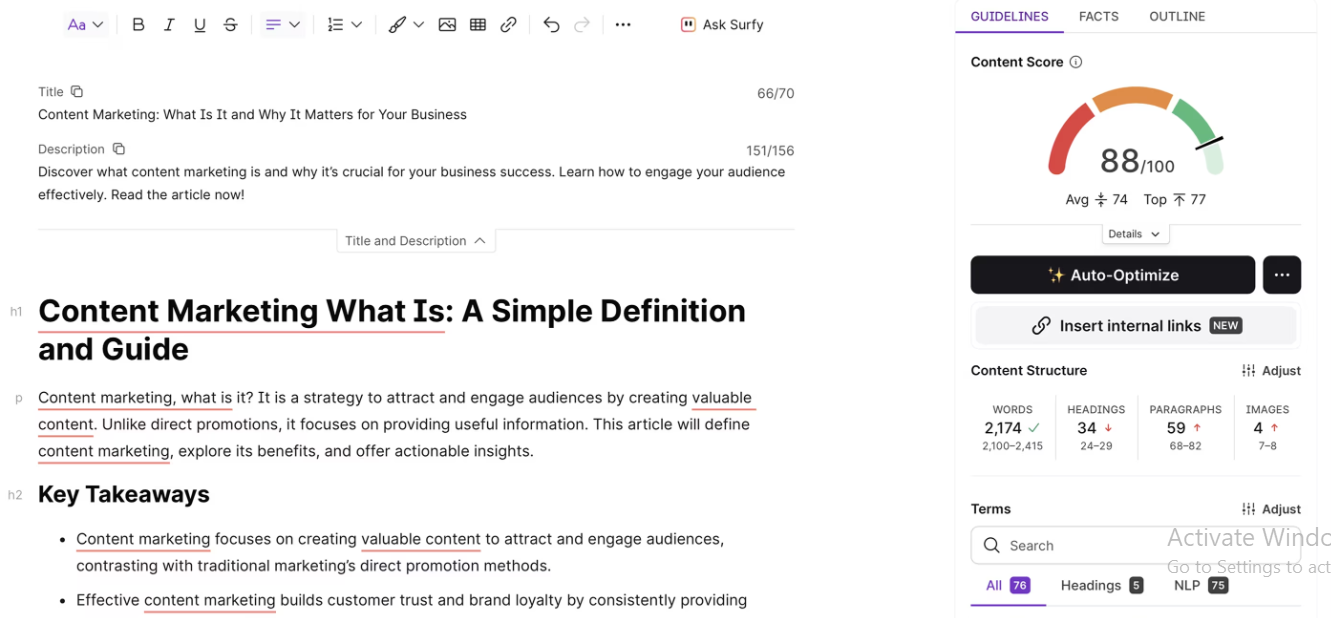 Example of page analysis with Surfer SEO
